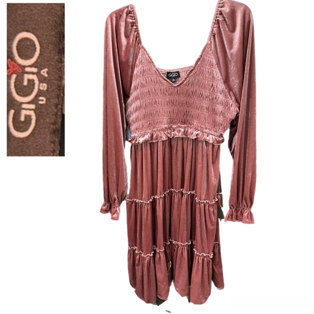 GiGio USA Romantic Boho Blush Velvet Tiered Long Sleeve Wedding Guest Dress 12